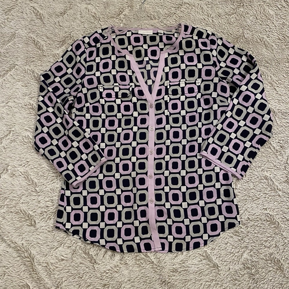 New York & Company Top women's Lilac Purple Gray geometric roll Tab Sleeve Small